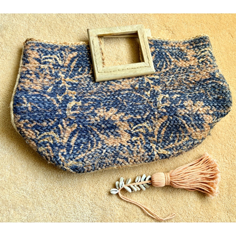 Woven Jute Floral Tote Bag Navy Tan Wood Handles Cowrie Shell Tassel India - Picture 5 of 13